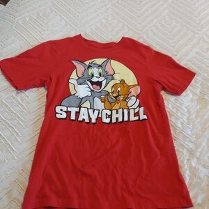 Red Tom Jerry Graphic Cartoon T-Shirt  Stay Chill Lg 10/12 Boys